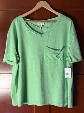 MNK Women's slim Green Oversized Cotton V-Neck Tee With Raw Seam Detail NWT L